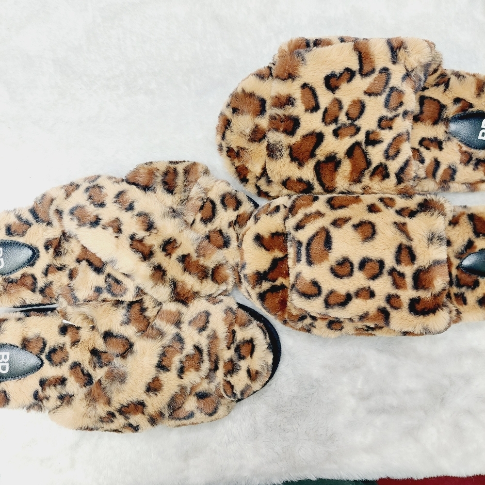 NEW BP. Bundle Of Two Brown Leopard Faux Fur Open Toe Comfy Slippers S135